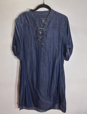 Chelsea & Theodore Chambray Denim Lace Up Shift Dress Medium Boho Tencel
